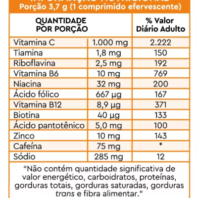 Etiqueta de informação nutricional de comprimido efervescente com valores de vitaminas e minerais