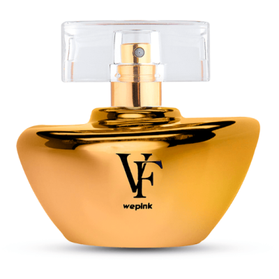 Frasco de perfume dourado com tampa transparente e logotipo VF wepink
