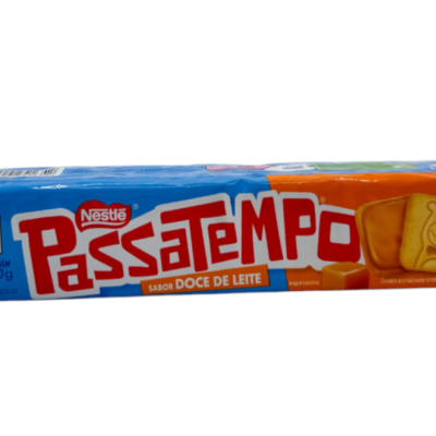 embalagem azul e laranja de bolachas Nestlé Passatempo sabor doce de leite