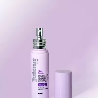Frasco spray Hair Tonic lilás da marca juleme HAIR com tampa ao lado