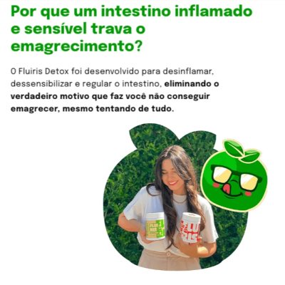 Mulher segurando frascos FLUIRIS DETOX com texto sobre intestino inflamado e emagrecimento