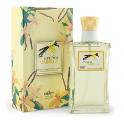 Frasco de perfume Exótica Vanilla e embalagem com design floral colorido