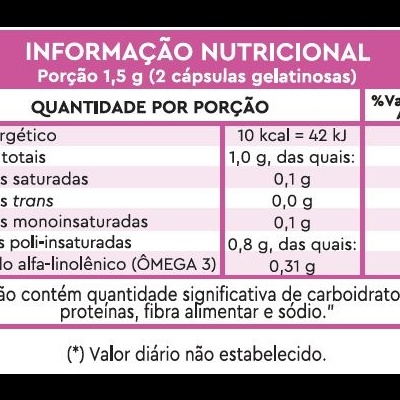 Tabela de informação nutricional em português com valores de gorduras e energia para 2 cápsulas gelatinosas.