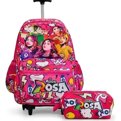 Mochila e estojo rosa com personagens animados e texto DOS ROSA