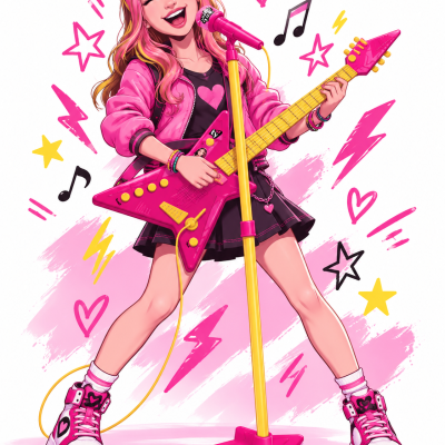 Jovem mulher com guitarra elétrica rosa e casaco rosa tocando microfone rosa rodeada por símbolos musicais coloridos.