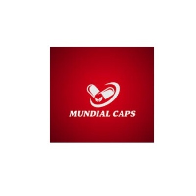 Logótipo branco de cápsulas com texto Mundial Caps sobre fundo vermelho