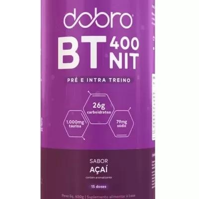 Embalagem cilíndrica roxa de suplemento alimentar em pó sabor açaí Dobro BT 400 NIT com texto branco