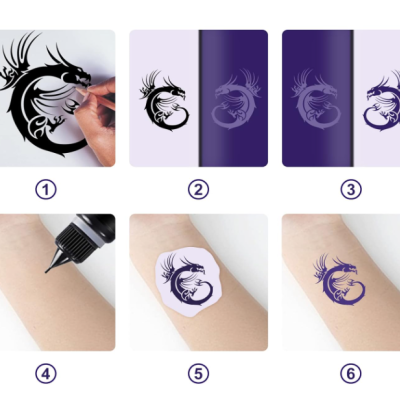 Processo de aplicação de tatuagem temporária de dragão em seis passos