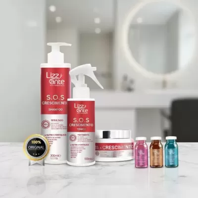 Conjunto de produtos para crescimento capilar Lizz Ante S.O.S Crescimento numa bancada branca