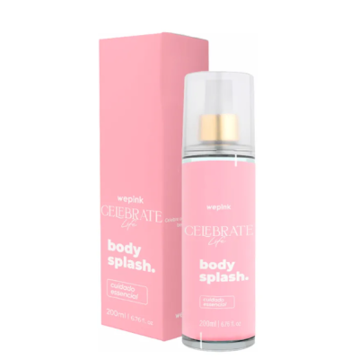 Frasco e caixa rosa de body splash wepink Celebrate Life 200ml