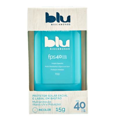Protetor solar facial e labial em bastão Blu FPS 40 em embalagem branca e azul