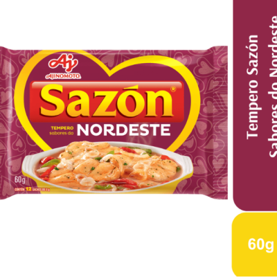 Pacote de tempero Sazón Nordeste 60g com imagem de prato de camarão