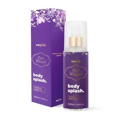 Frasco e caixa roxos com body splash Flora Whisper da marca wepink