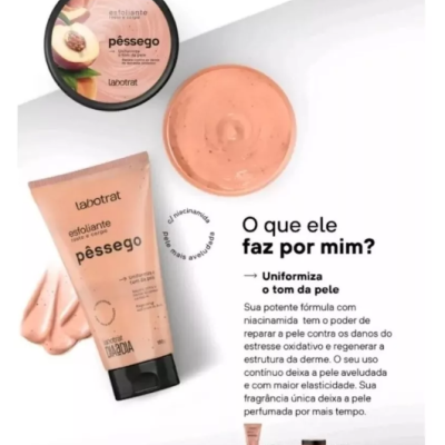 Esfoliante corporal pêssego Labotrat em tubo e pote com creme cor de pêssego