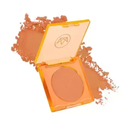 Compacto de pó bronzeador em estojo laranja translúcido com logo redondo