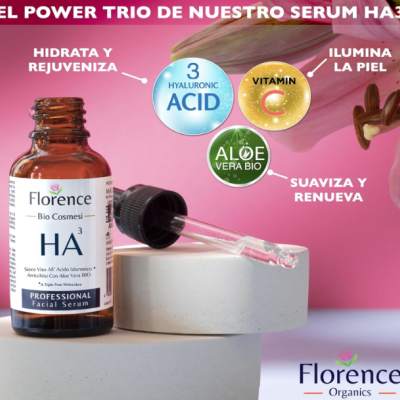 Frasco de sérum facial Florence HA3 com conta-gotas sobre suporte branco em fundo rosa com texto e gráficos informativos