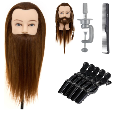 Cabeça de prática com cabelo castanho e acessórios de cabelo