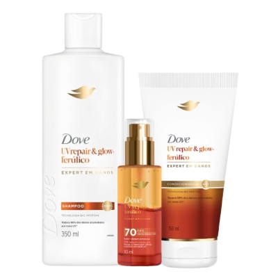 Três produtos Dove UV repair & glow+ ferúlico para cabelo, com embalagem branca e detalhes em dourado e laranja.