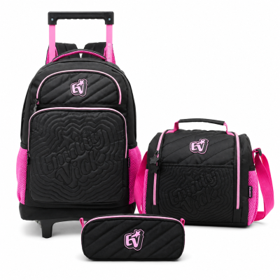Conjunto mochila escolar, bolsa e estojo pretos com detalhes rosa e logo Emily Vick.
