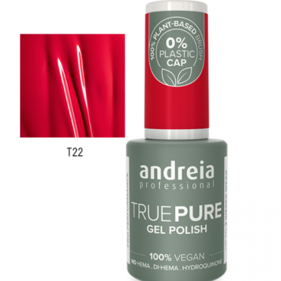Verniz gel vermelho brilhante Andreia True Pure T22 com tampa branca e rótulos verdes