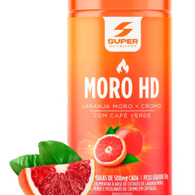 Embalagem laranja de suplemento MORO HD com imagem de laranja moro cortada e folhas verdes.