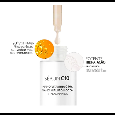 Frasco branco de sérum com conta-gotas e detalhes do produto