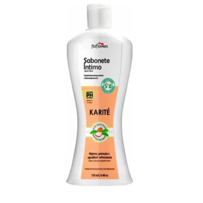 Frasco branco de sabonete íntimo Hot Flowers Karité com rótulo laranja e branco