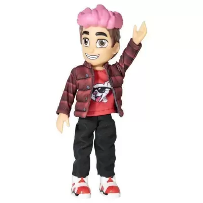 Boneco com casaco vermelho xadrez, cabelo rosa e calças pretas.