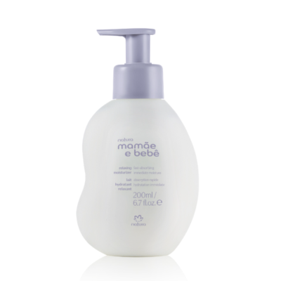 Frasco de hidratante facial mamãe e bebê da Natura com tampa de bomba lilás