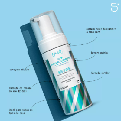 Frasco branco de autobroneador Skelt com texto azul sobre fundo azul claro