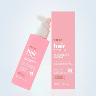 Spray para tratamento capilar wepink hair tonic rosa com texto e embalagem rosa