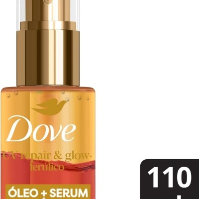 Frasco de óleo e sérum bifásico Dove com líquido amarelo e vermelho e tampa dourada