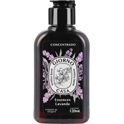 Frasco preto de limpador concentrado com rótulo de lavanda