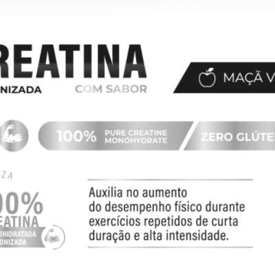 Rótulo de suplemento de creatina micronizada com sabor maçã verde, 100% creatina monohidratada, zero glúten.