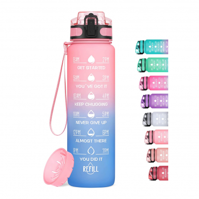 Garrafa de água colorida com marcações horárias e frases motivacionais em inglês