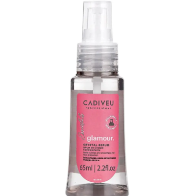 Frasco transparente de sérum de cabelo CADIVEU com etiqueta rosa