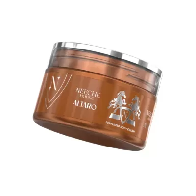 Frasco castanho de creme perfumado body cream com tampa transparente e texto branco.