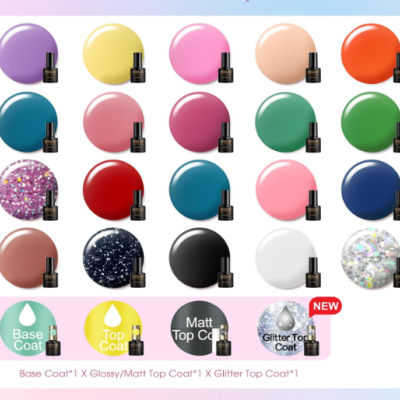 Vernizes coloridos com opções de base e top coat incluindo glitter