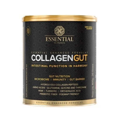 Embalagem preta e dourada de suplemento Essential Nutrition Collagen Gut