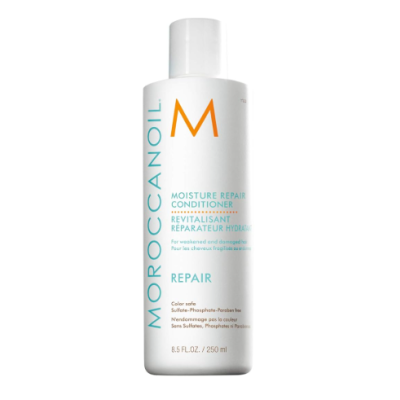 Frasco branco de condicionador Moroccanoil Moisture Repair com texto azul e laranja