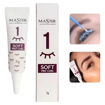 Tubo e embalagem branca de MASTER LASH LIFTING PREMOSTER LOTION 1 SOFT PRO CURL com imagens da aplicação e resultado no rosto