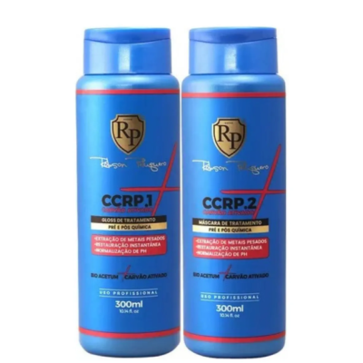 Dois frascos azuis de tratamento capilar CCRP 1 e CCRP 2 de 300ml com tampa azul