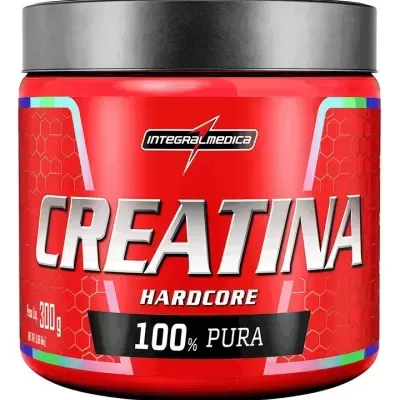 Frasco vermelho com suplemento CREATINA Hardcore 100% PURA da Integralmedica