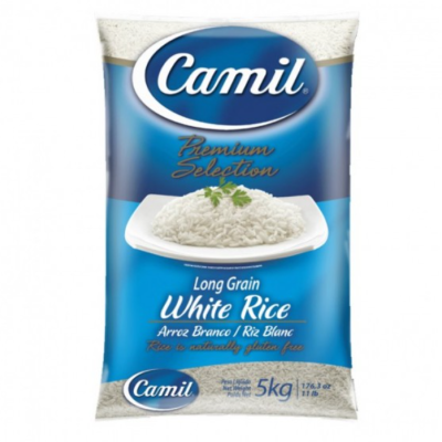 Pacote de arroz branco Camil Premium Selection de 5 kg com fundo azul e imagem de arroz em prato