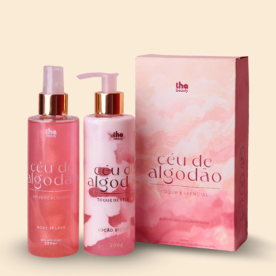 Conjunto de body splash e loção corporal com embalagem rosa e branca, acompanhado por caixa rosa do conjunto céu de algodão