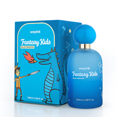 Frasco e caixa azuis de perfume Fantasy Kids com ilustração de dragão e criança.