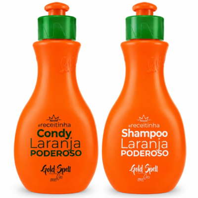 Frascos de condicionador e shampoo laranja com tampas verdes da marca Gold Spell