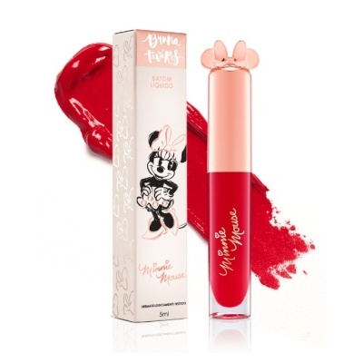 Líquido gloss labial vermelho com tampa rosa e caixa ilustrada da Minnie