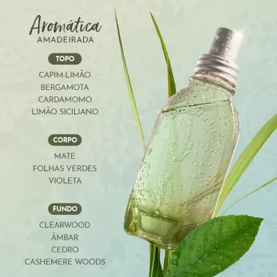 Frasco de perfume verde com gotas de água e texto sobre notas aromáticas