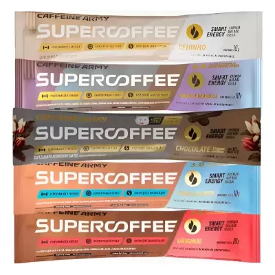 Cinco embalagens coloridas de suplemento SUPERCoffee em diferentes sabores